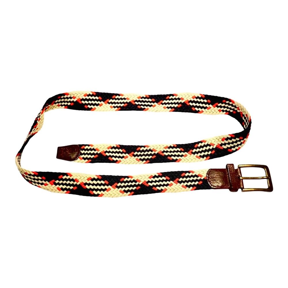 VTG Wakai Woven Belt Mens 48 Braided Navy Leather Brass Buckle Hawaii Retro